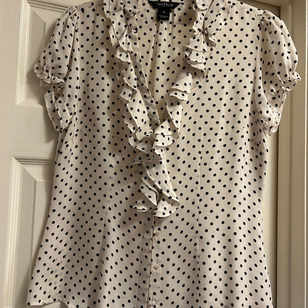 White House Black Market Black and White silk Polka Dot Top